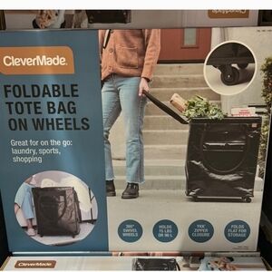 NIB CleverMade Foldable Tote Bag on Wheels - Black, New